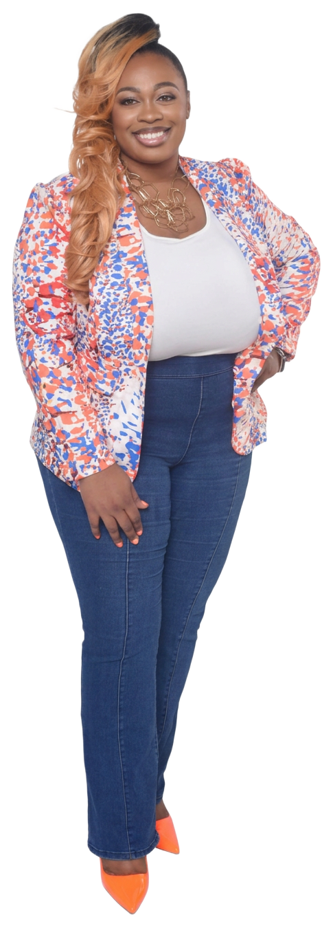 Tamekia Strickland in a colorful blazer and orange shoes